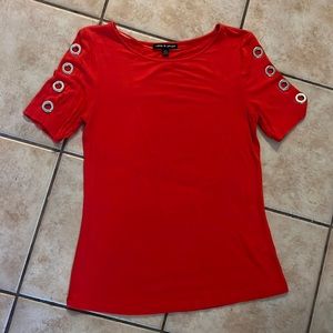 Sexy Cable & Gauge Red Clingy Top with Silver Grommets on Sleeves size Small